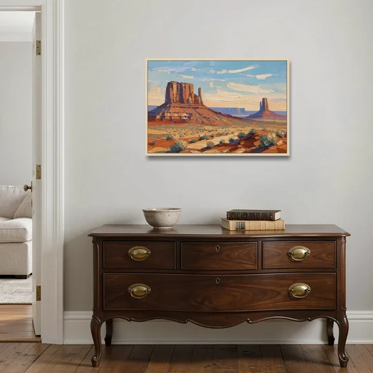 Desert Landscape Painting of Layered Mesas - Oak Framed Canvas Wall Art - Coffee Table - 36x24