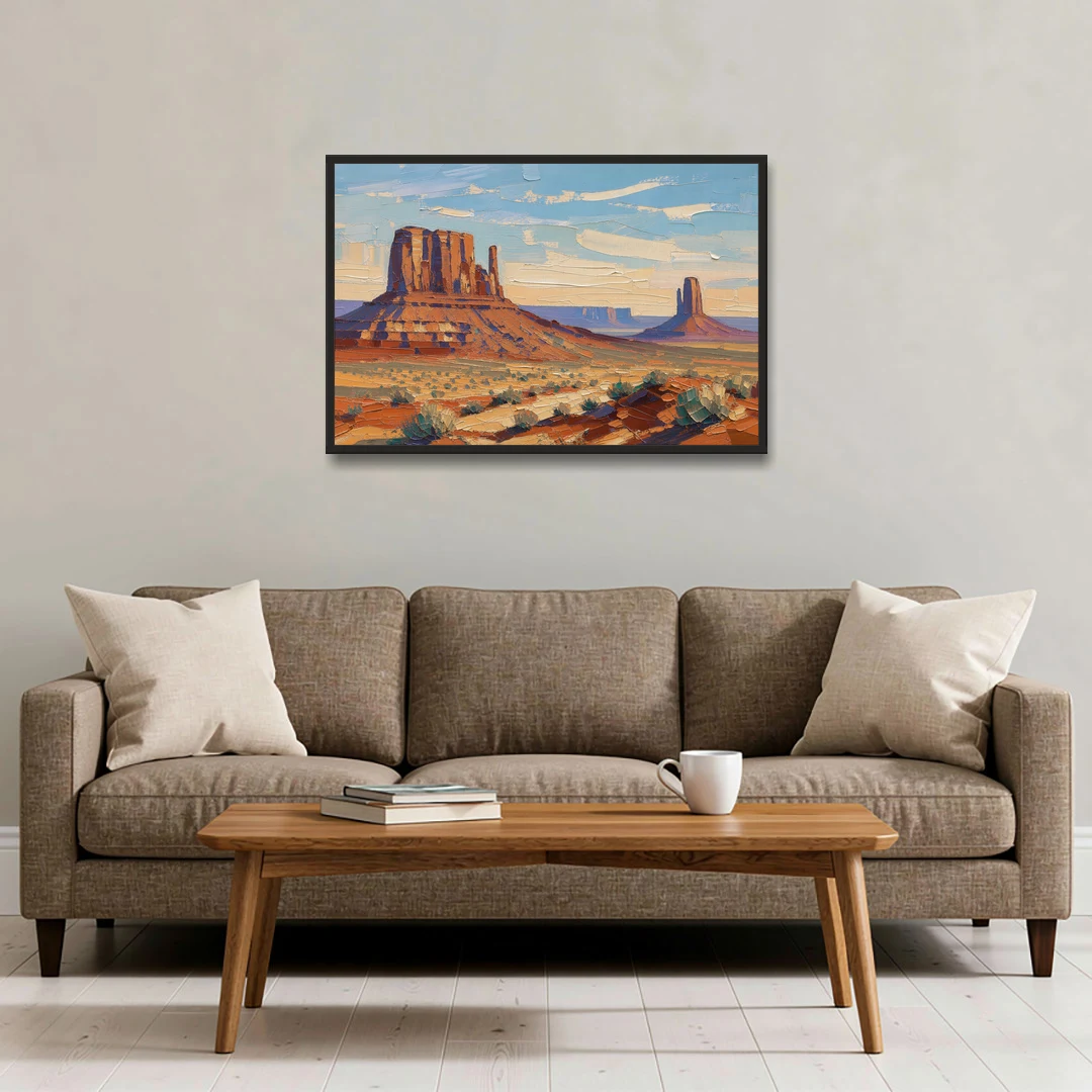Desert Landscape Painting of Layered Mesas - Black Framed Canvas Wall Art - Sofa - 36x24