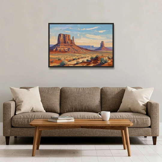 Desert Landscape Painting of Layered Mesas - Black Framed Canvas Wall Art - Sofa - 36x24
