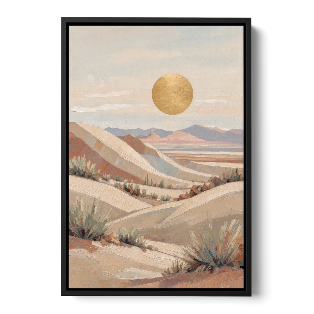 Boho Desert Mountain Ridges Under a Gold Sun - Black Framed Canvas Wall Art - Front