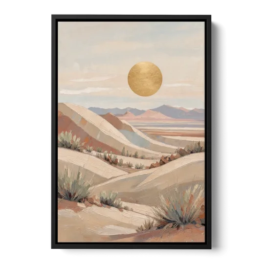Boho Desert Mountain Ridges Under a Gold Sun - Black Framed Canvas Wall Art - Front