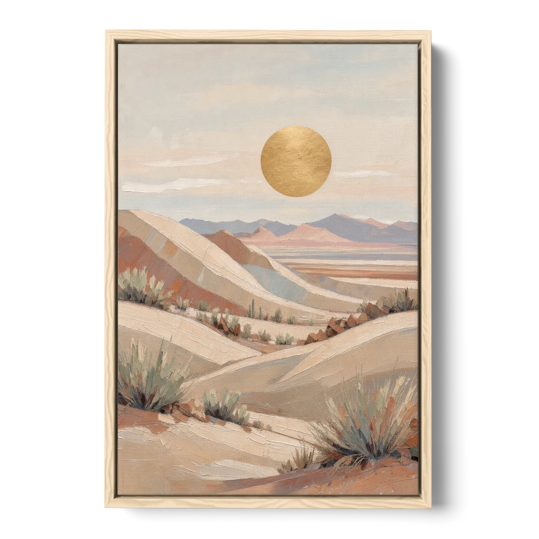 Boho Desert Mountain Ridges Under a Gold Sun - Oak Framed Canvas Wall Art - Front