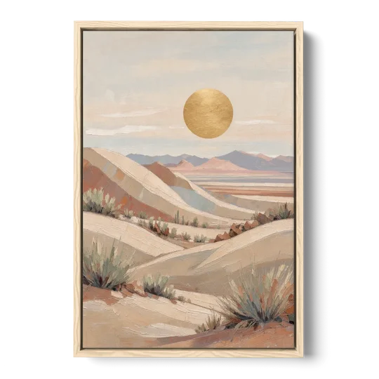 Boho Desert Mountain Ridges Under a Gold Sun - Oak Framed Canvas Wall Art - Front