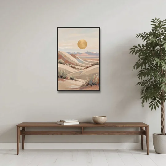 Boho Desert Mountain Ridges Under a Gold Sun - Black Framed Canvas Wall Art - Coffee Table - 24x36