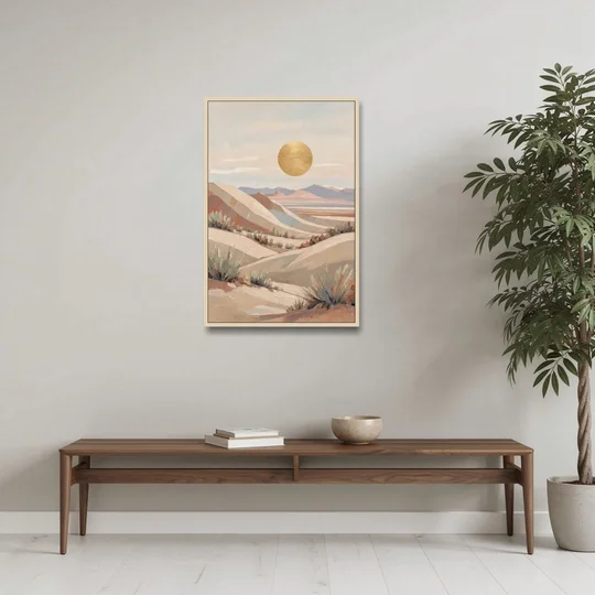 Boho Desert Mountain Ridges Under a Gold Sun - Oak Framed Canvas Wall Art - Coffee Table - 24x36