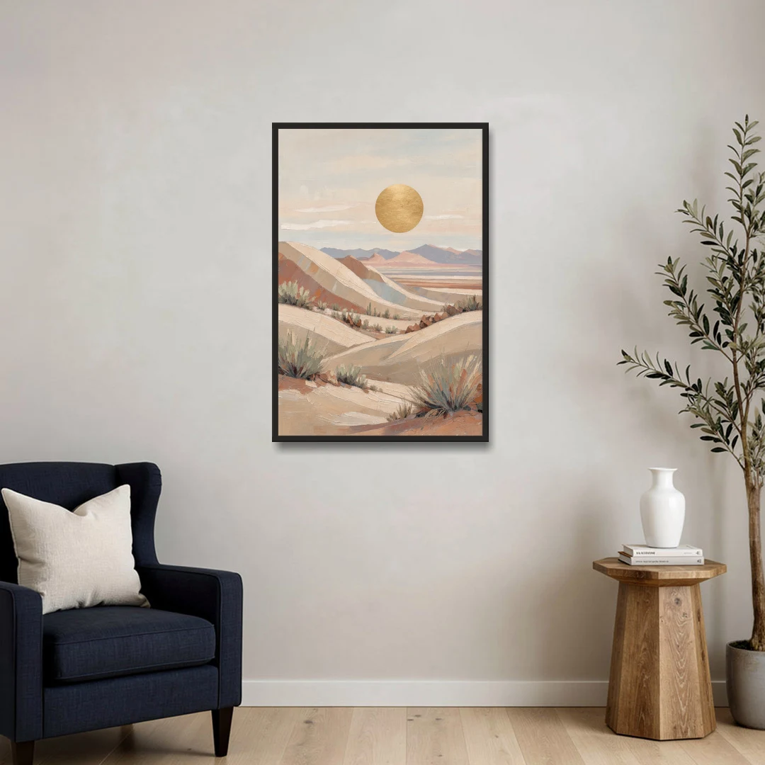 Boho Desert Mountain Ridges Under a Gold Sun - Black Framed Canvas Wall Art - Sofa - 24x36