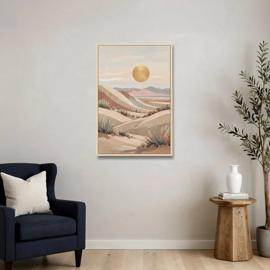 Boho Desert Mountain Ridges Under a Gold Sun - Oak Framed Canvas Wall Art - Sofa - 24x36