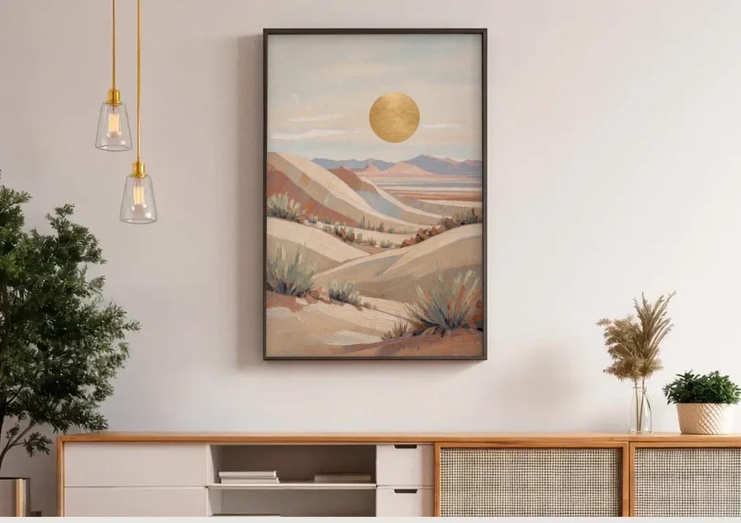 Boho Desert Mountain Ridges Under a Gold Sun canvas wall art above a wooden sideboard under pendant lights