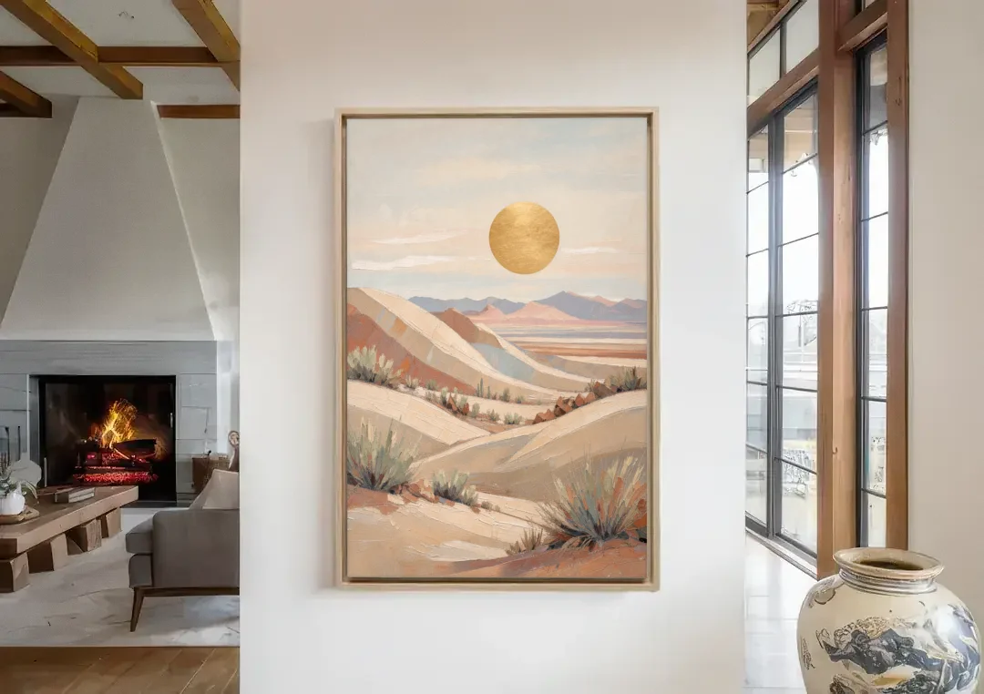 Boho Desert Mountain Ridges Under a Gold Sun canvas wall art in a living room with a fireplace