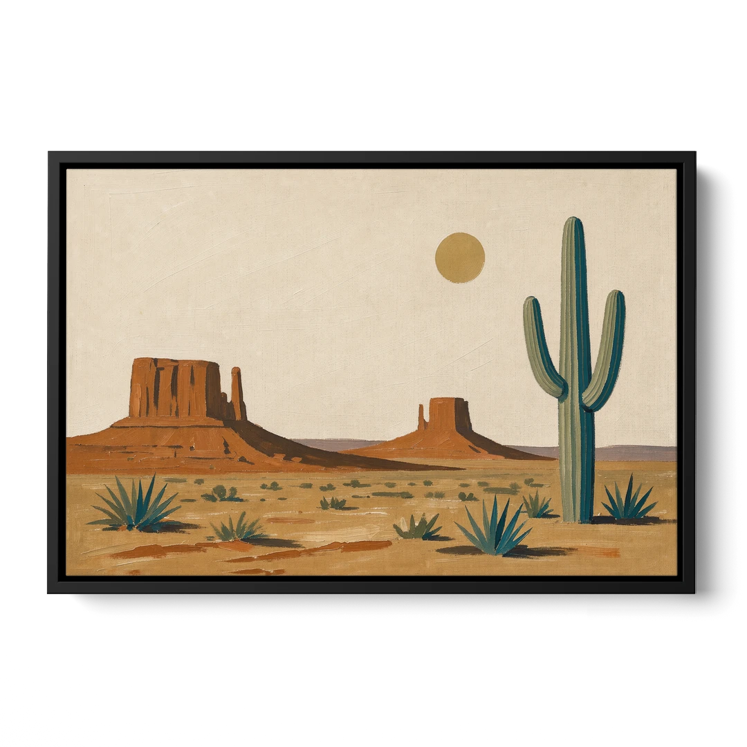 Desert Wall Art with Two Mesas and a Saguaro - Black Framed Canvas Wall Art - Front