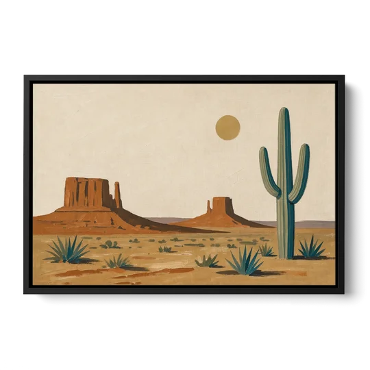 Desert Wall Art with Two Mesas and a Saguaro - Black Framed Canvas Wall Art - Front