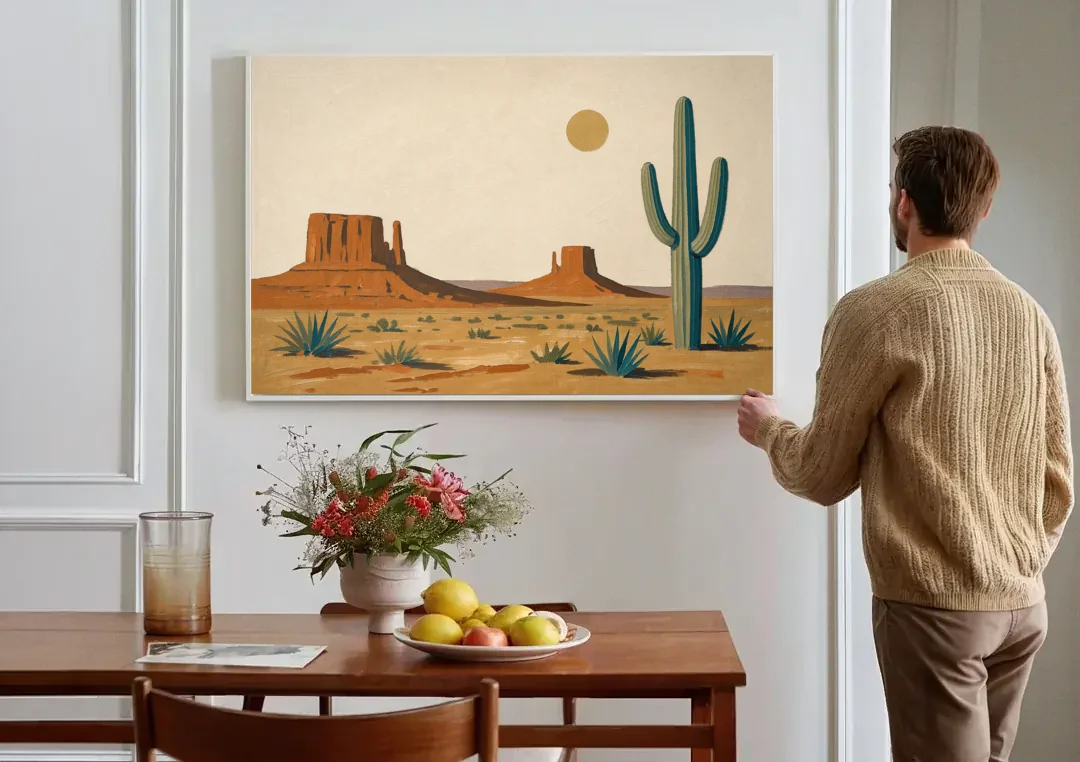 Desert Wall Art with Two Mesas and a Saguaro canvas wall art above a dining table