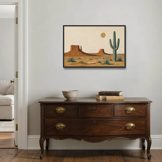 Desert Wall Art with Two Mesas and a Saguaro - Black Framed Canvas Wall Art - Coffee Table - 36x24