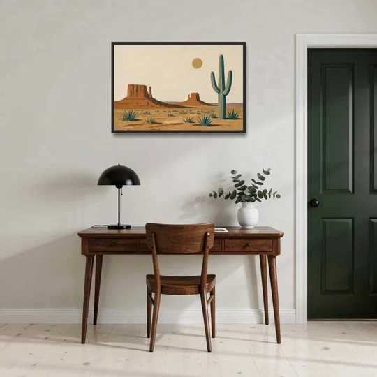 Desert Wall Art with Two Mesas and a Saguaro - Black Framed Canvas Wall Art - Office - 36x24