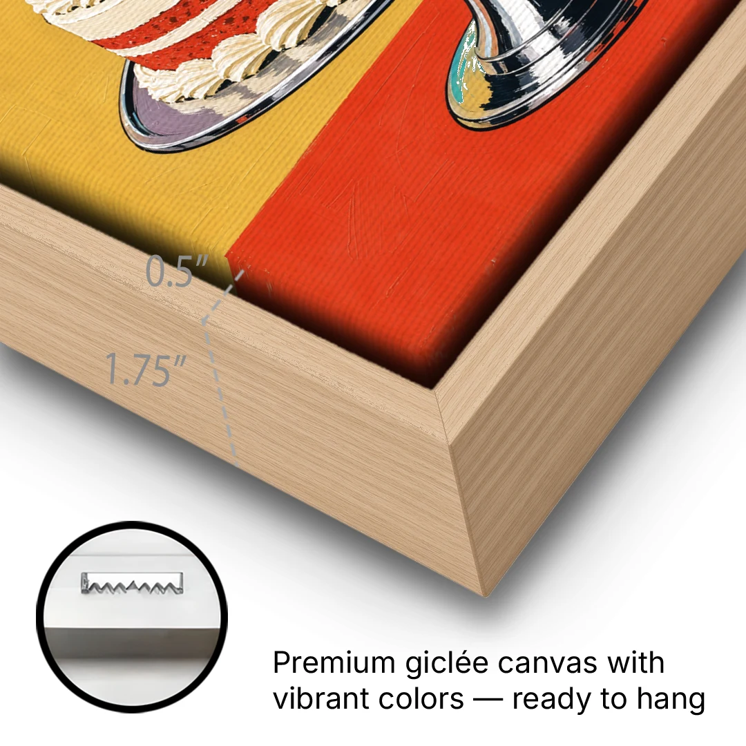 Dessert Wall Art of a Cherry Crowned Layer Cake - Oak Framed Canvas Wall Art - Gallery Wrap Corner