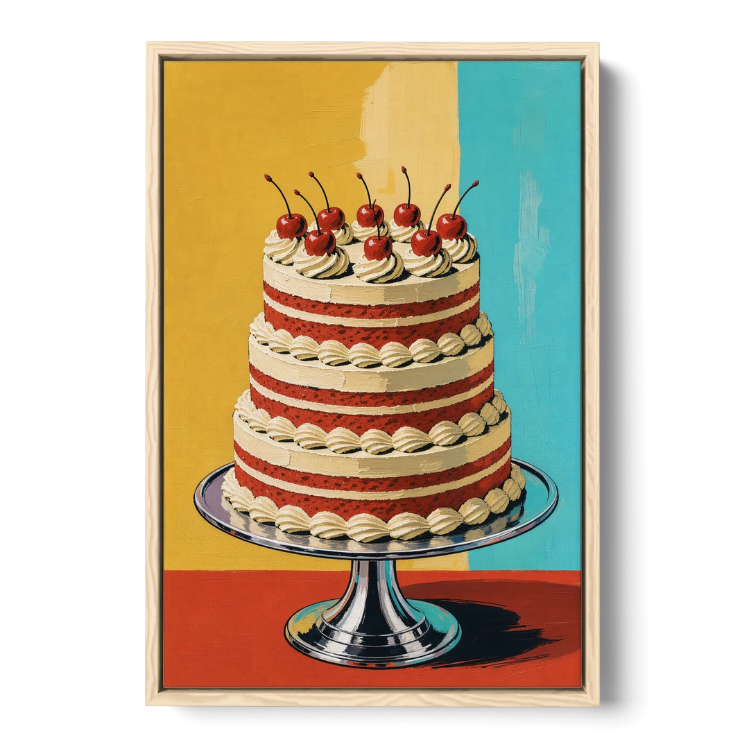 Dessert Wall Art of a Cherry Crowned Layer Cake - Oak Framed Canvas Wall Art - Front
