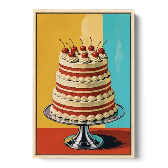 Dessert Wall Art of a Cherry Crowned Layer Cake - Oak Framed Canvas Wall Art - Front