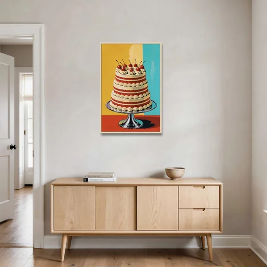 Dessert Wall Art of a Cherry Crowned Layer Cake - Oak Framed Canvas Wall Art - Coffee Table - 24x36