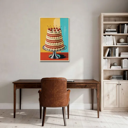 Dessert Wall Art of a Cherry Crowned Layer Cake - Oak Framed Canvas Wall Art - Office - 24x36