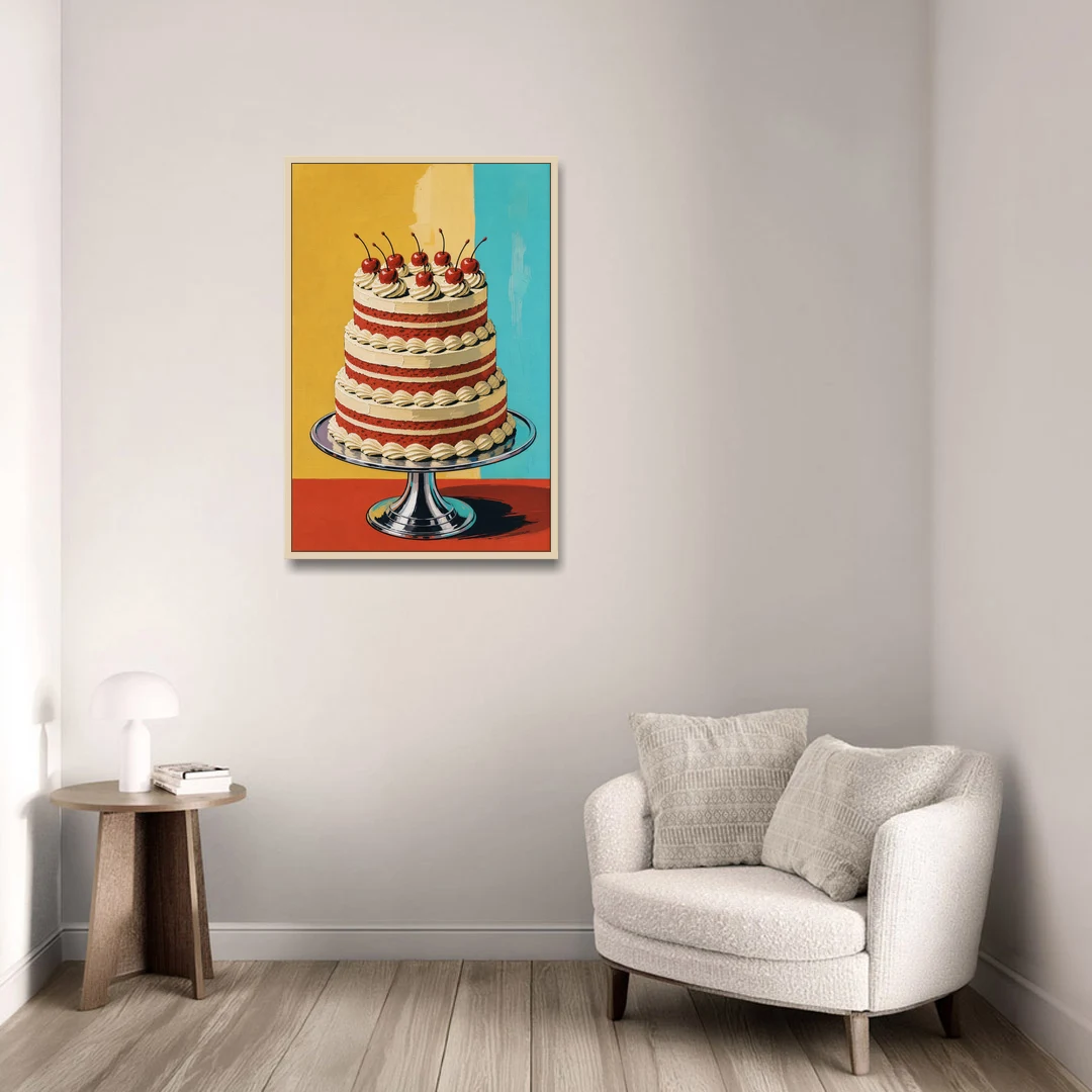 Dessert Wall Art of a Cherry Crowned Layer Cake - Oak Framed Canvas Wall Art - Sofa - 24x36