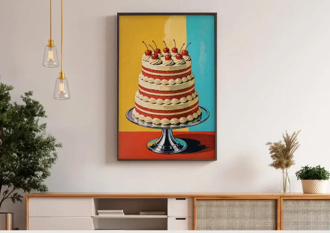 Dessert Wall Art of a Cherry Crowned Layer Cake canvas wall art above a wooden sideboard under pendant lights