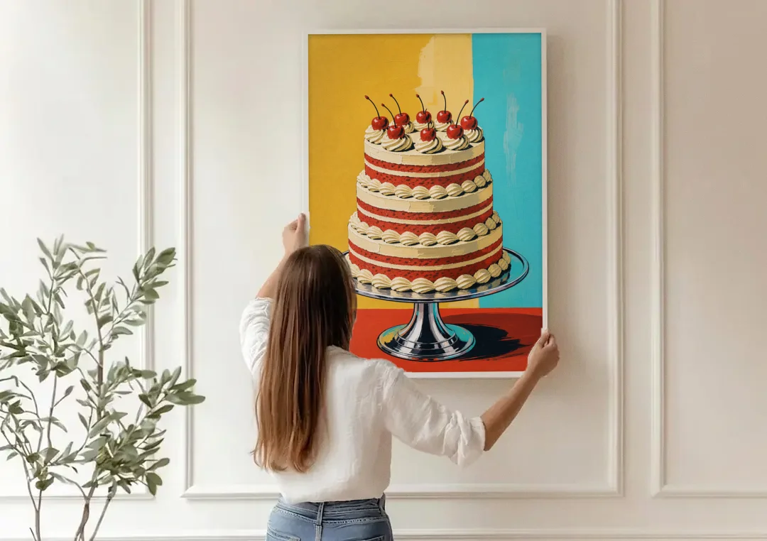 Dessert Wall Art of a Cherry Crowned Layer Cake canvas wall art being hung on a paneled wall