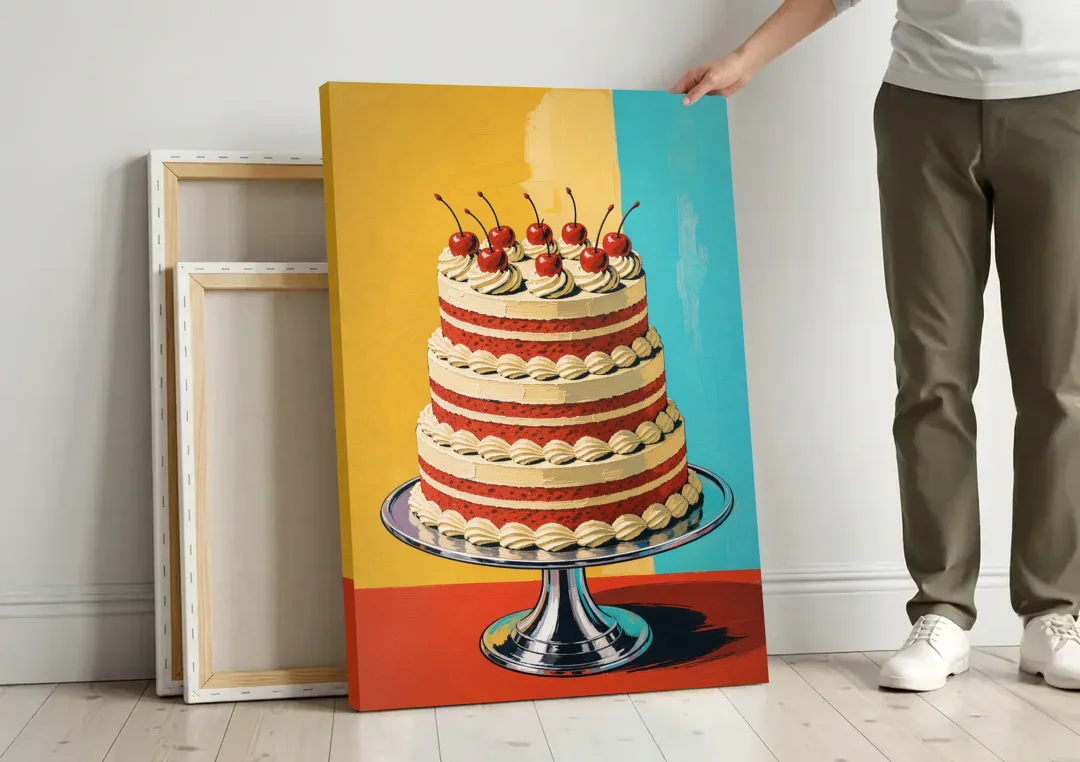 Dessert Wall Art of a Cherry Crowned Layer Cake canvas wall art leaning against a wall next to blank canvases