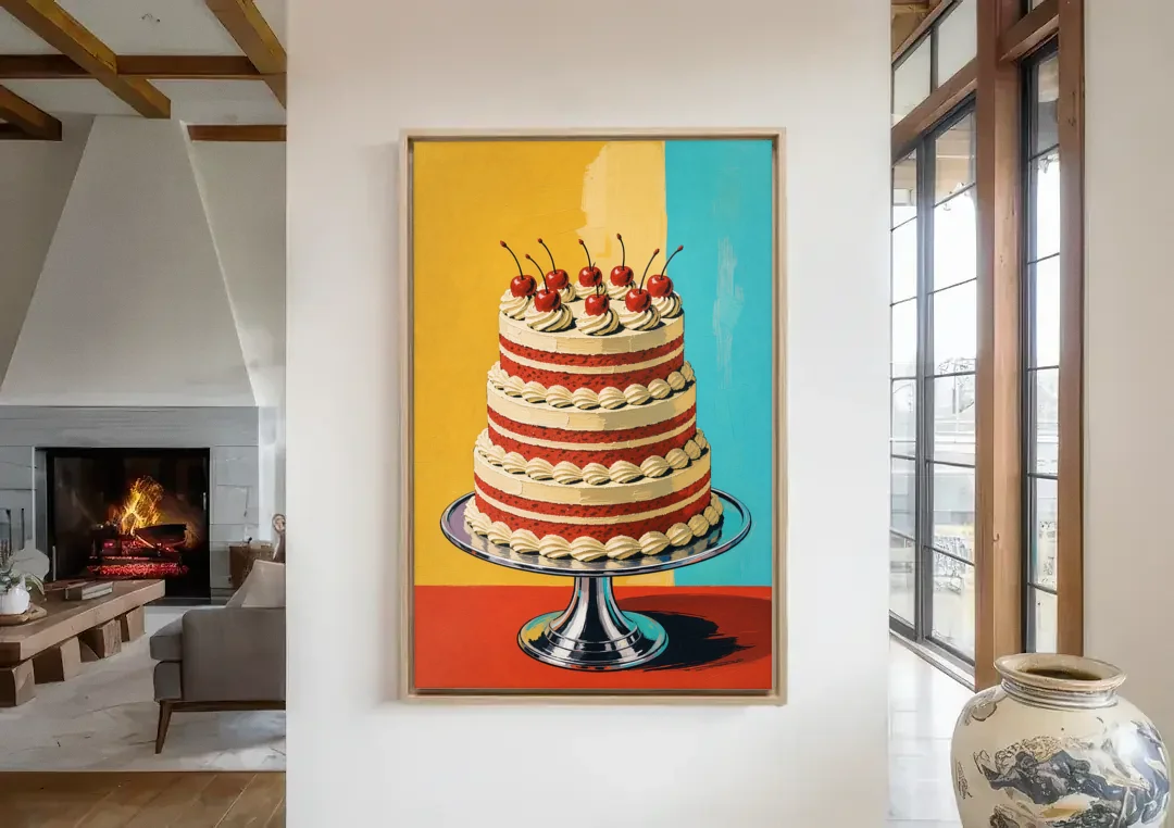 Dessert Wall Art of a Cherry Crowned Layer Cake canvas wall art in a living room with a fireplace