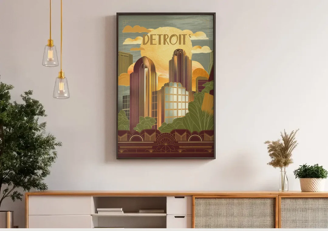 Detroit Architectural Beauty canvas wall art above a wooden sideboard under pendant lights