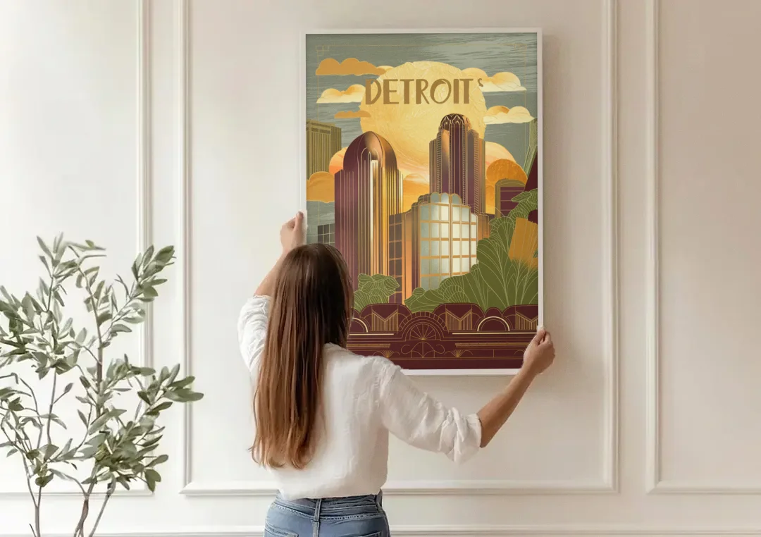Detroit Architectural Beauty canvas wall art being hung on a paneled wall