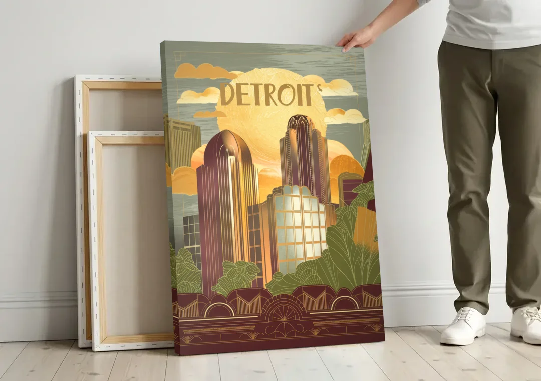 Detroit Architectural Beauty canvas wall art leaning against a wall next to blank canvases