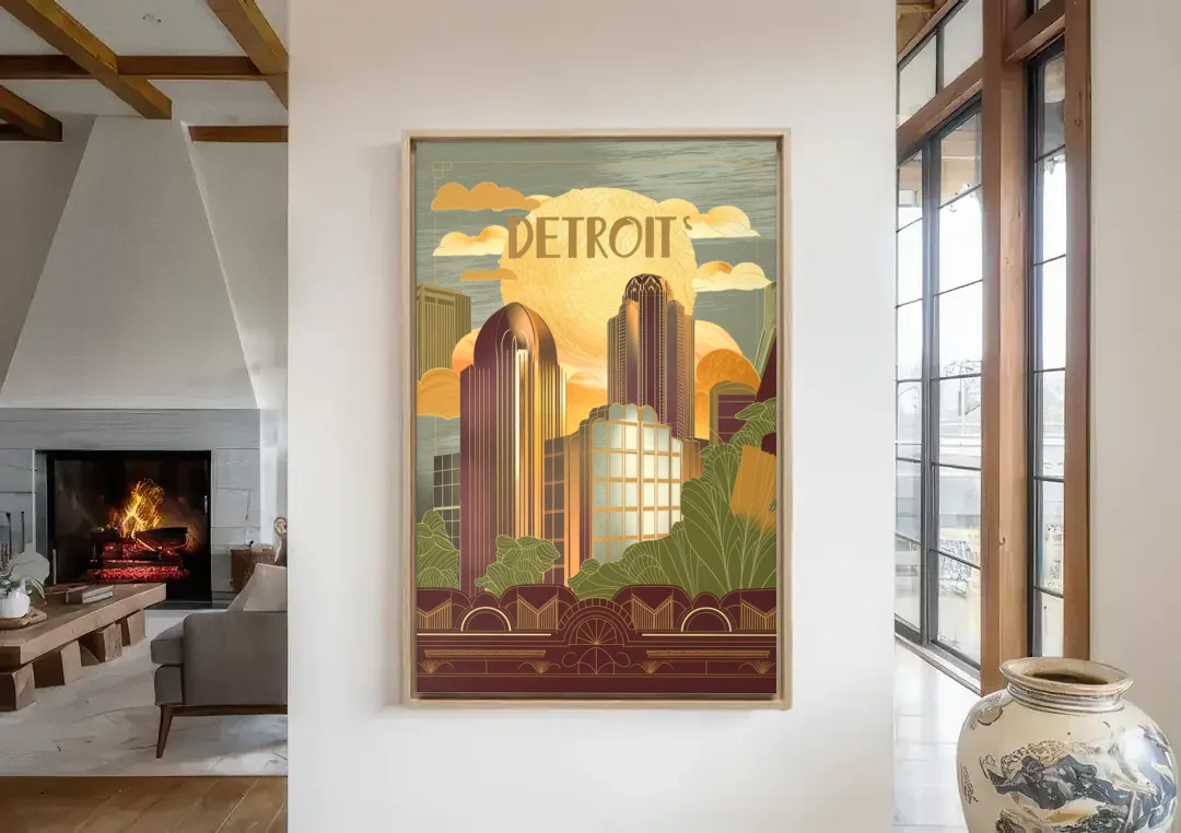 Detroit Architectural Beauty canvas wall art in a living room with a fireplace