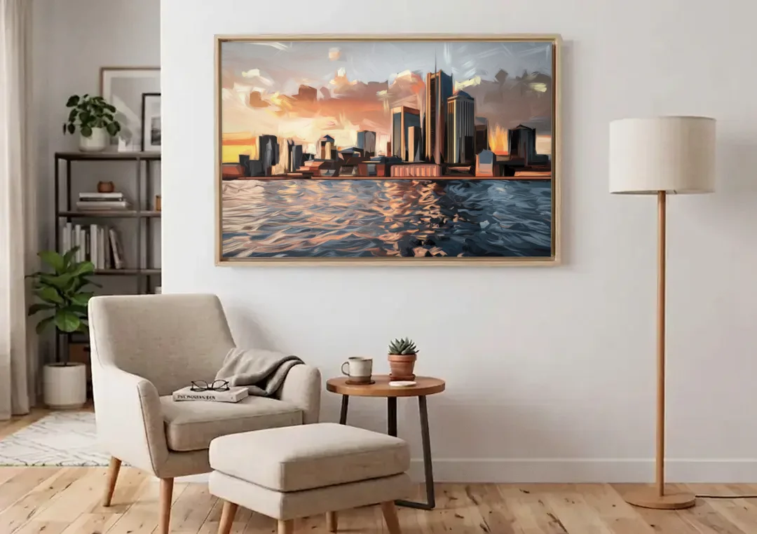 Detroit Cityscape Photography canvas wall art above an armchair in a bright living room
