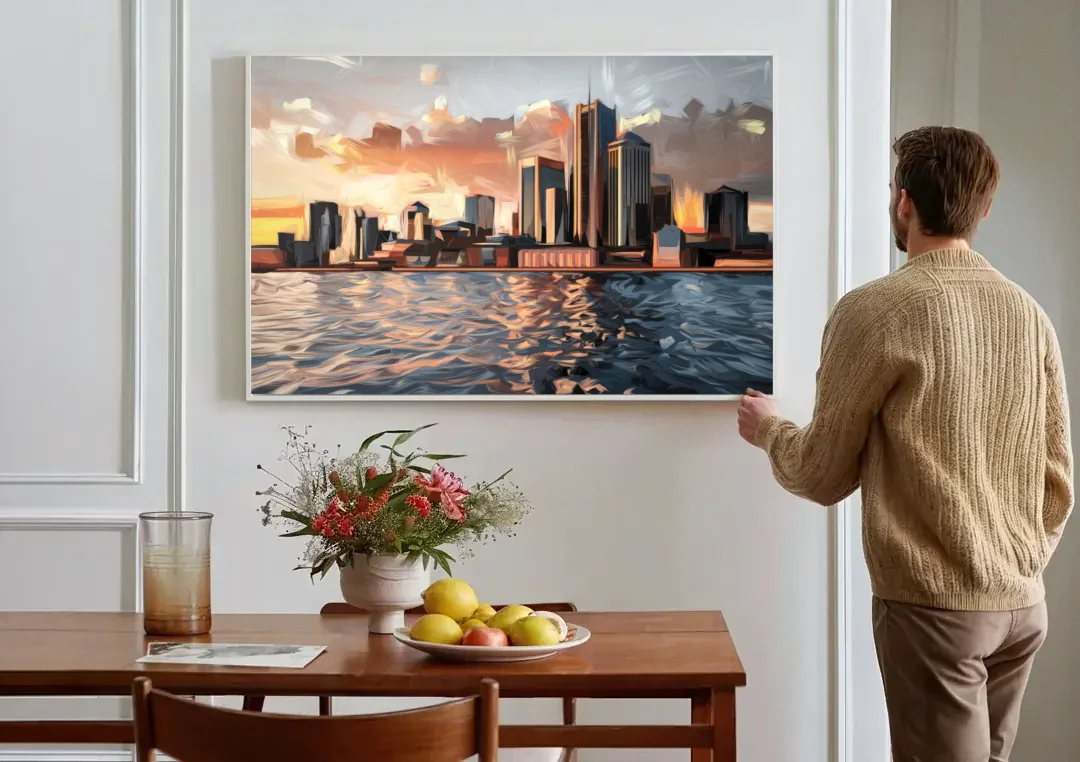 Detroit Cityscape Photography canvas wall art above a dining table
