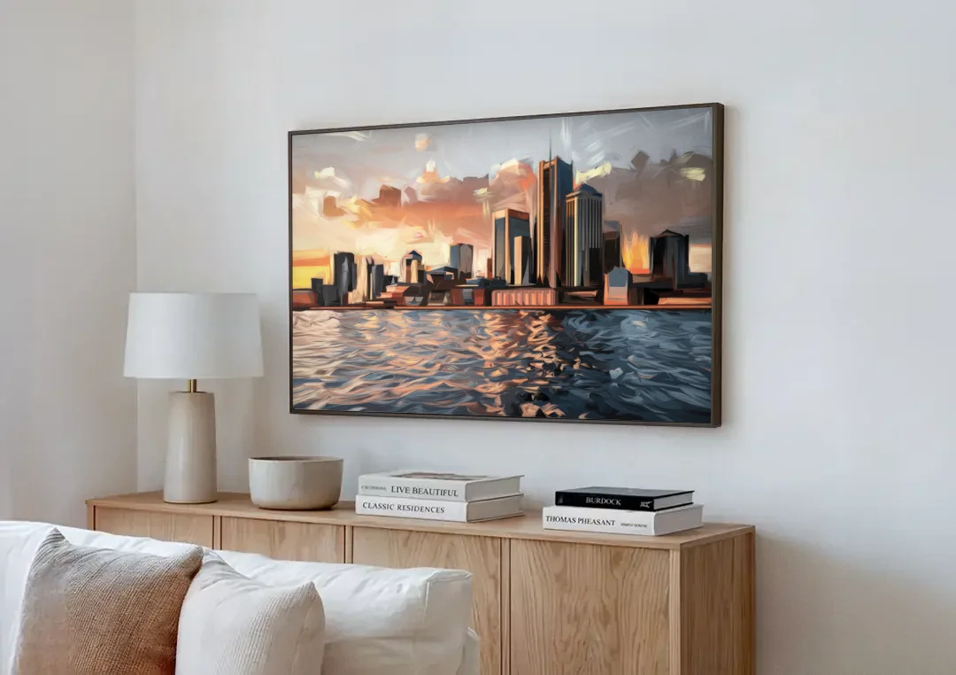 Detroit Cityscape Photography canvas wall art above a wooden sideboard next to a sofa