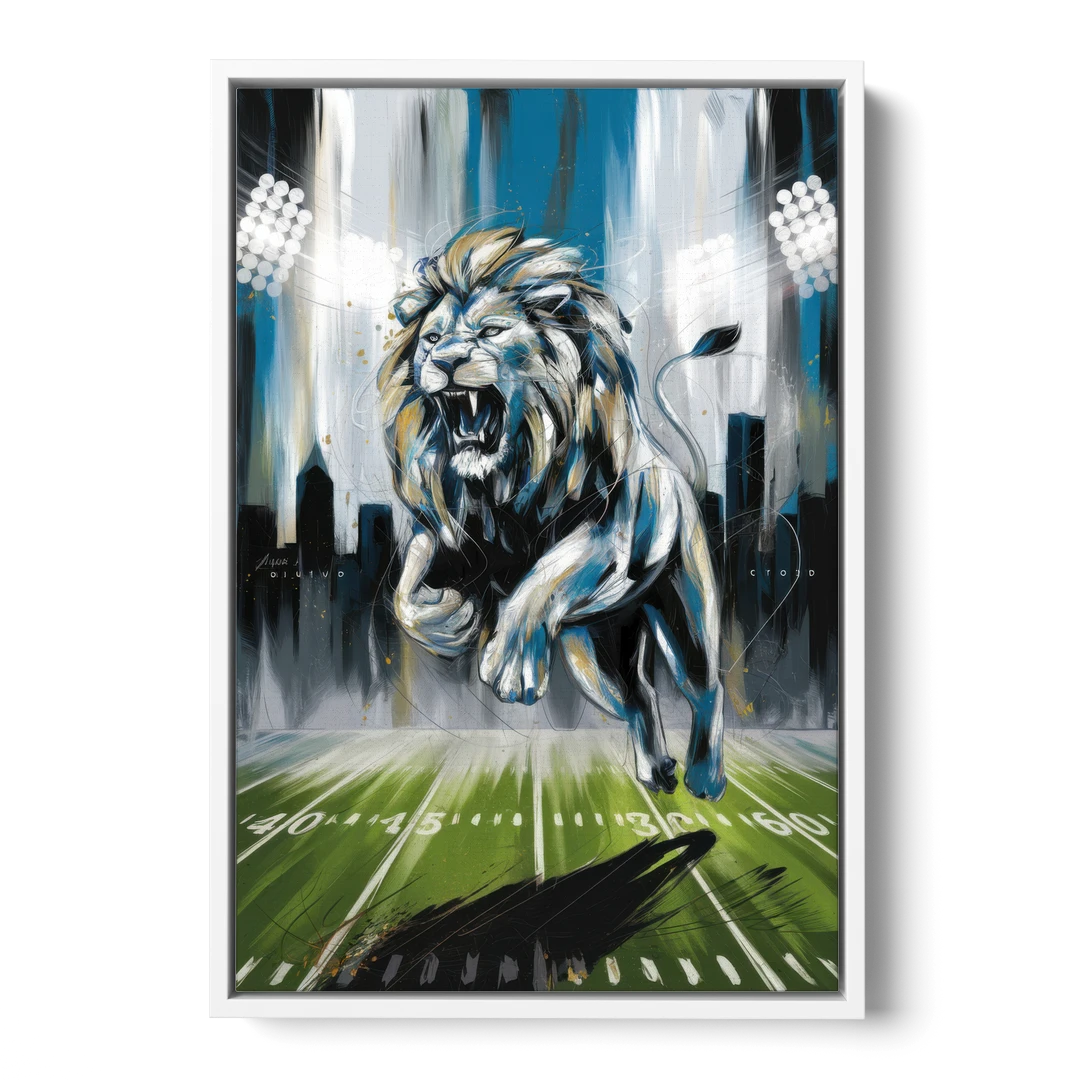 Detroit Lions Team Spirit - White Framed Canvas Wall Art - Front