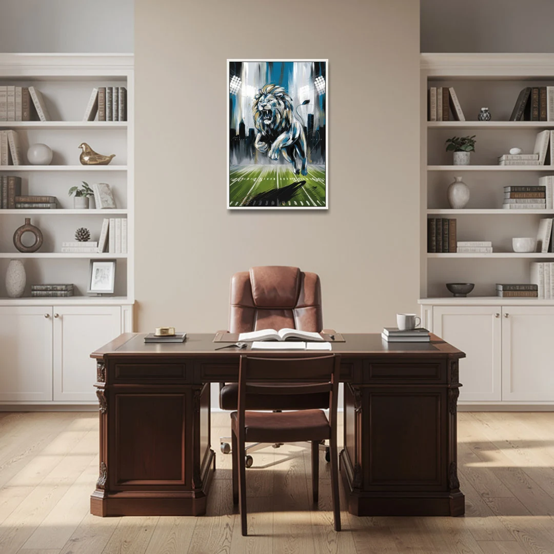 Detroit Lions Team Spirit - White Framed Canvas Wall Art - Office - 24x36