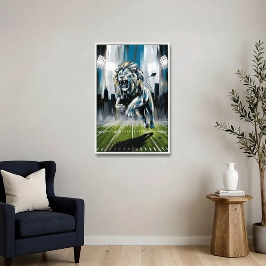 Detroit Lions Team Spirit - White Framed Canvas Wall Art - Sofa - 24x36