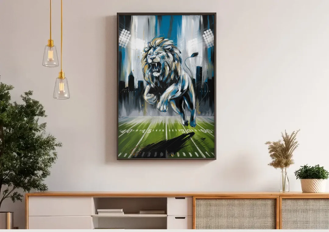 Detroit Lions Team Spirit canvas wall art above a wooden sideboard under pendant lights