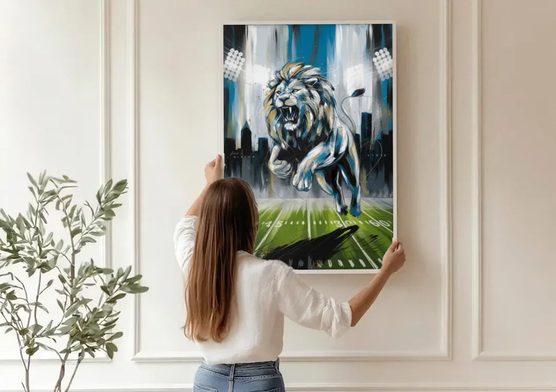 Detroit Lions Team Spirit canvas wall art being hung on a paneled wall