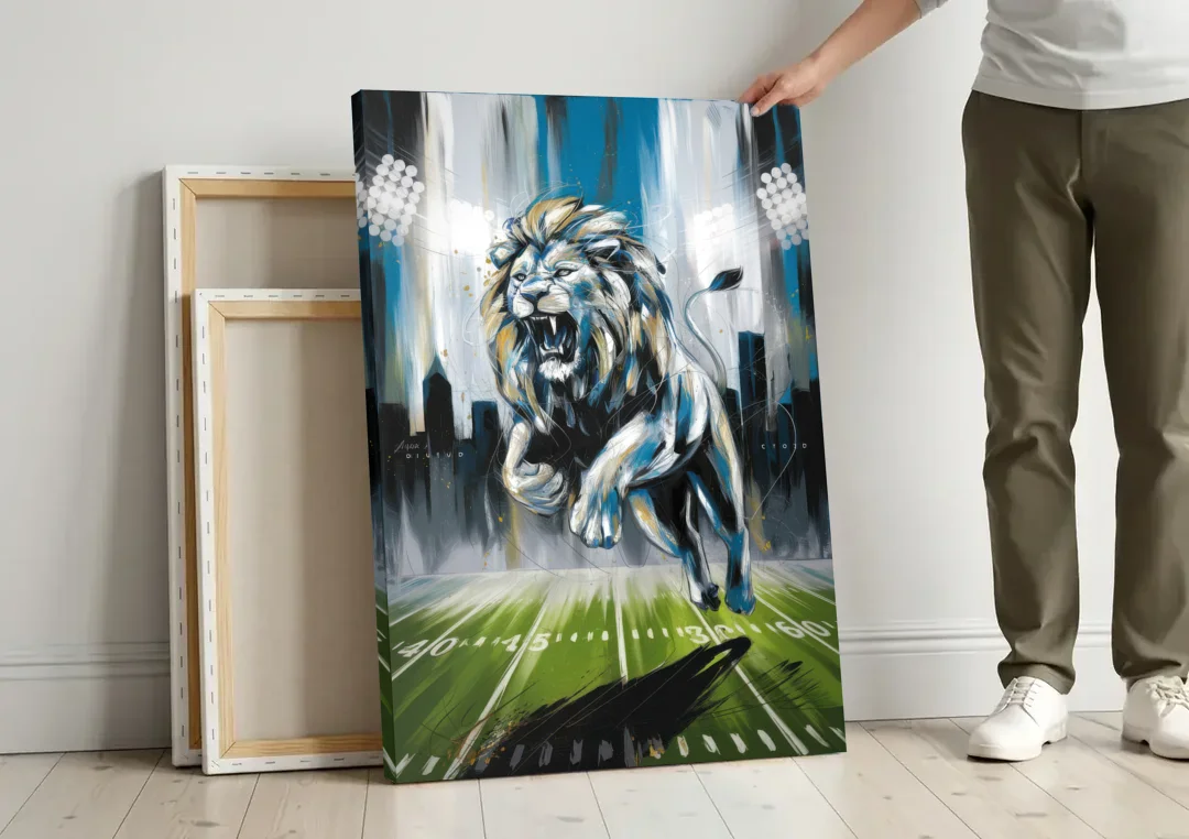 Detroit Lions Team Spirit canvas wall art leaning against a wall next to blank canvases