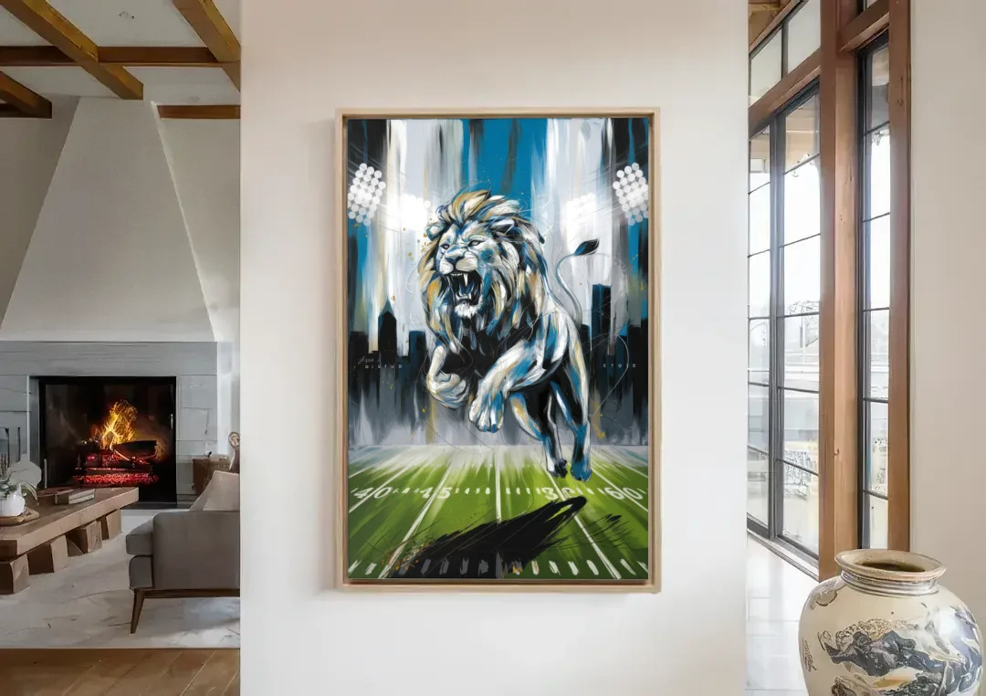 Detroit Lions Team Spirit canvas wall art in a living room with a fireplace
