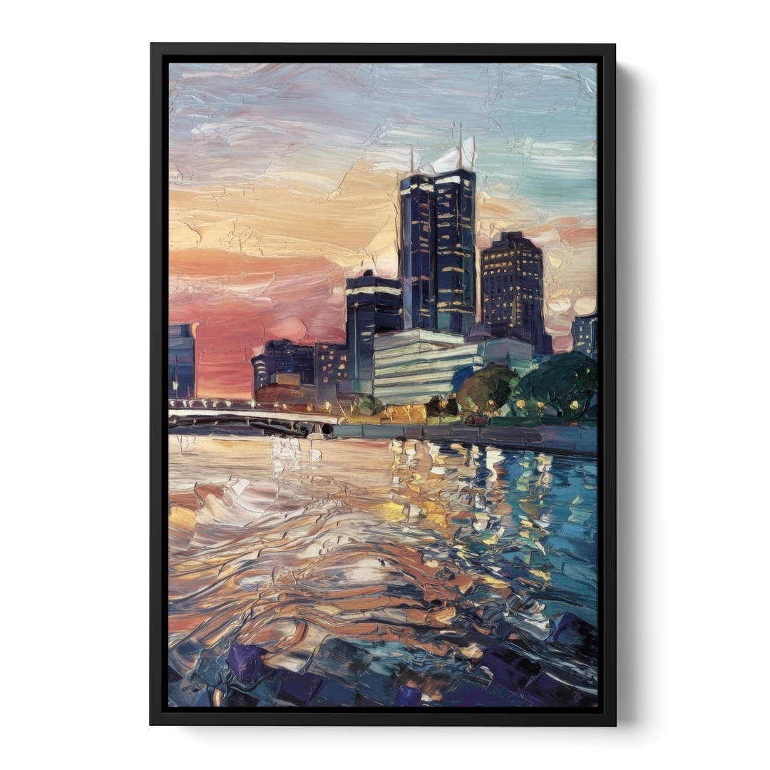Detroit Riverfront View - Black Framed Canvas Wall Art - Front