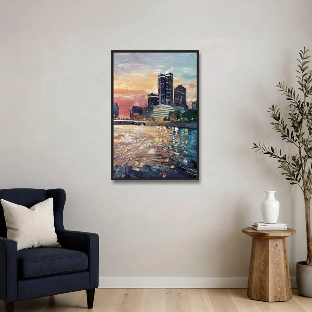 Detroit Riverfront View - Black Framed Canvas Wall Art - Sofa - 24x36