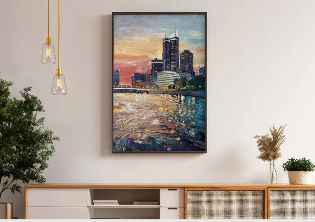 Detroit Riverfront View canvas wall art above a wooden sideboard under pendant lights