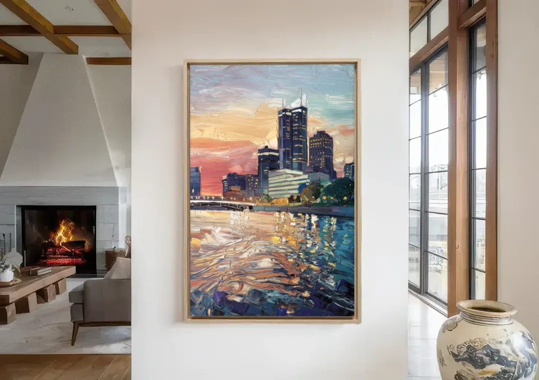 Detroit Riverfront View canvas wall art in a living room with a fireplace
