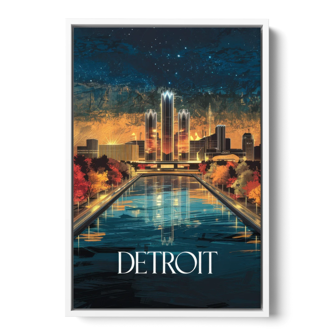 Detroit Scenic Nightscape - White Framed Canvas Wall Art - Front