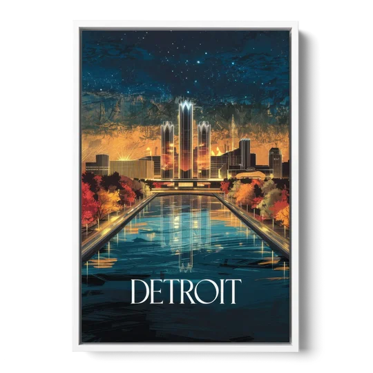 Detroit Scenic Nightscape - White Framed Canvas Wall Art - Front