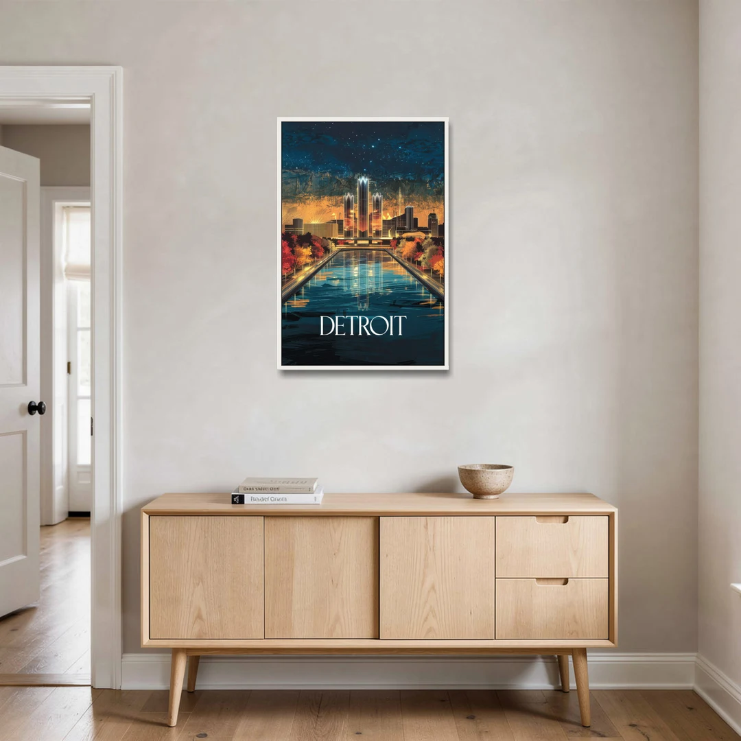 Detroit Scenic Nightscape - White Framed Canvas Wall Art - Coffee Table - 24x36