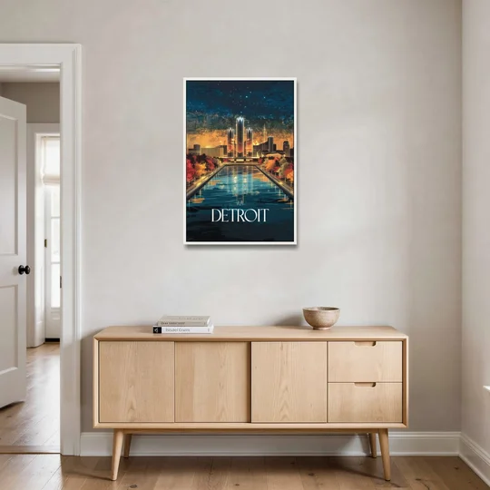 Detroit Scenic Nightscape - White Framed Canvas Wall Art - Coffee Table - 24x36